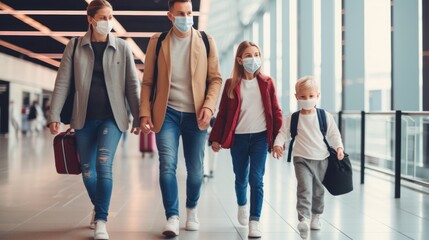 Family with two children going on holiday, wearing face masks at the airport