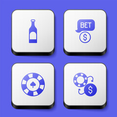 Set Bottle of wine, Casino chip with dollar, chips and exchange icon. White square button. Vector