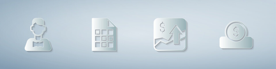 Set Casino dealer, Lottery ticket, Financial growth increase and Coin money with dollar. Paper art style. Vector
