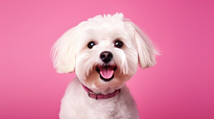 Female dog in pink background. pet portraits. happy animals