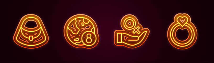 Set line Handbag, International Women Day, Female gender symbol and Diamond engagement ring. Glowing neon icon. Vector