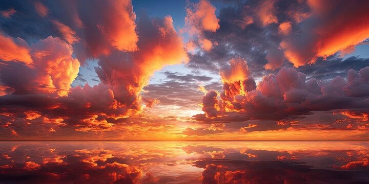 Beautiful vivid sunset sky with floccus clouds lit by setting sun.