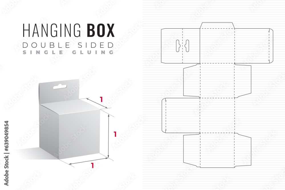 Wall mural hanging double sided packaging box die cut cubic template with 3d preview - black editable blueprint