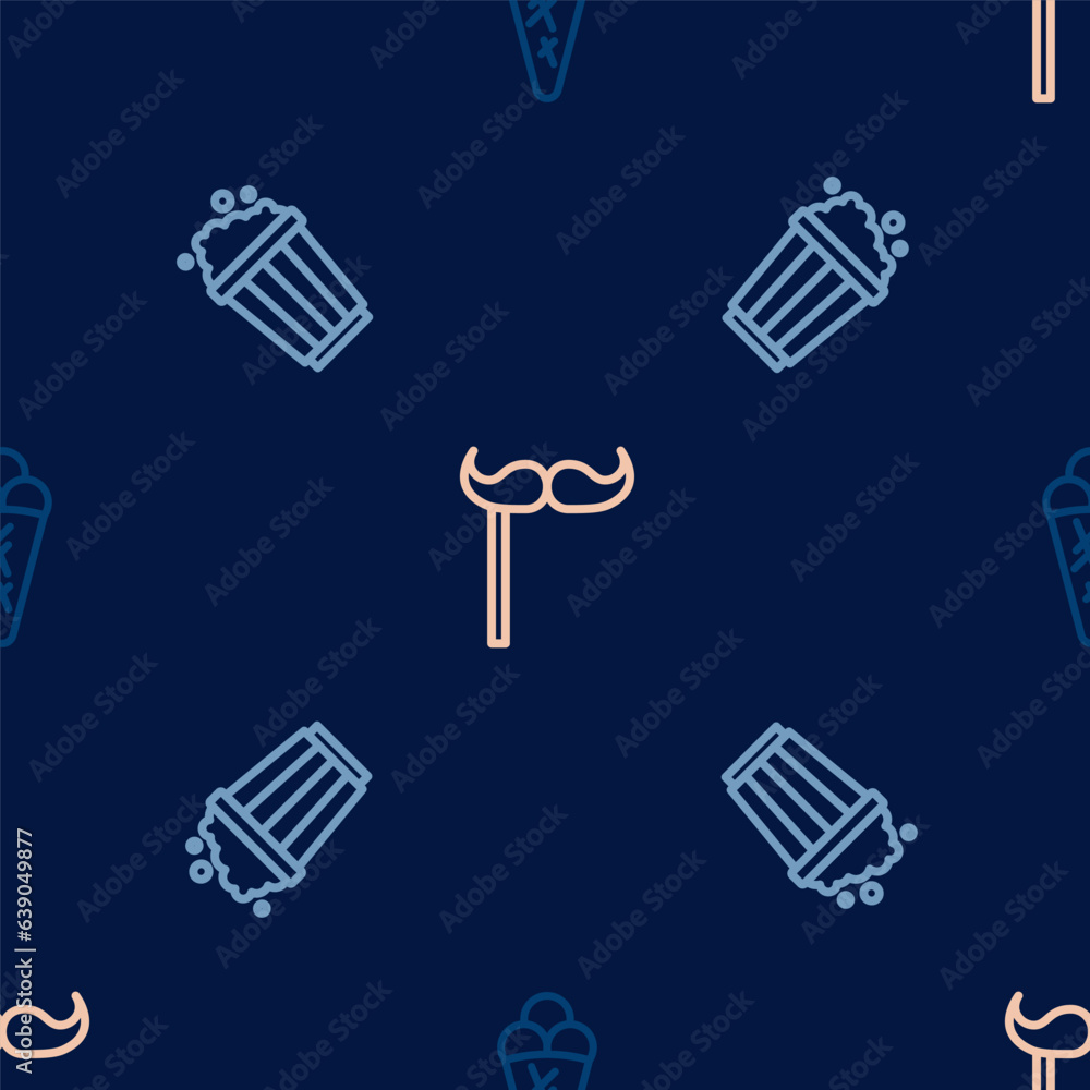 Poster set line ice cream in waffle, popcorn cardboard box and paper mustache on stick on seamless pattern.