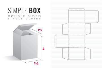 Double Sided Simple Packaging Box Die Cut One and a Half Length Double Height Template with 3D Preview - Black Blueprint Layout with Cutting and Scoring Lines - Draw Design