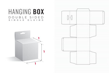 Hanging Double Sided Packaging Box Die Cut Cubic Template with 3D Preview - Black Editable Blueprint Layout with Cutting and Scoring Lines on Background - Draw Graphic Design