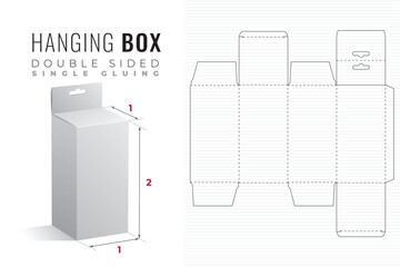 Hanging Double Sided Packaging Box Die Cut Double Height Single Width Template with 3D Preview - Black Blueprint Layout with Cutting and Scoring Lines on Striped Background - Draw Graphic Design