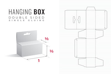 Hanging Double Sided Packaging Box Die Cut Half Height and Length Template with 3D Preview - Black Editable Blueprint Layout with Cutting and Scoring Lines on Striped Background - Draw Design