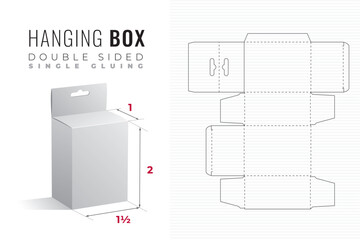 Hanging Double Sided Packaging Box Die Cut One and Half Width Double Height Template with 3D Preview - Black Blueprint Layout with Cutting and Scoring Lines on Background - Draw Graphic Design