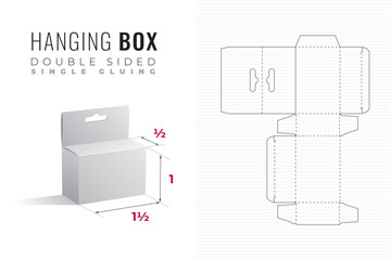 Hanging Double Sided Packaging Box Die Cut One and Half Width Half Length Template with 3D Preview - Black Blueprint Layout with Cutting and Scoring Lines on Background - Draw Graphic Design