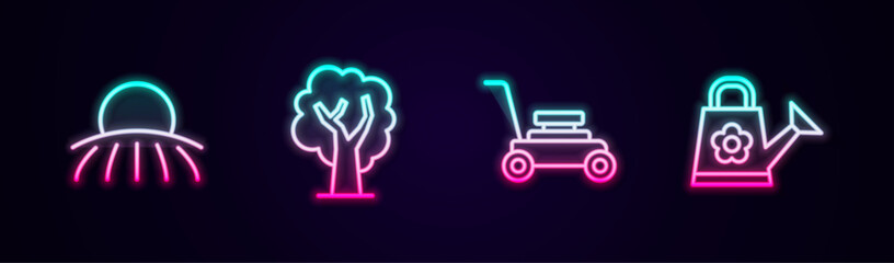 Set line Sunrise, Tree, Lawn mower and Watering can. Glowing neon icon. Vector