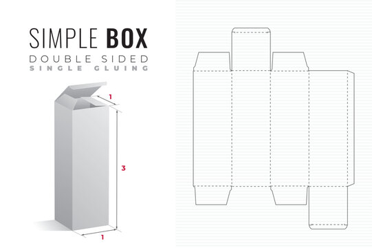 Double Sided Simple Packaging Box Die Cut Triple Height Template with 3D Preview - Black Blueprint Layout with Cutting and Scoring Lines on Background - Draw Design