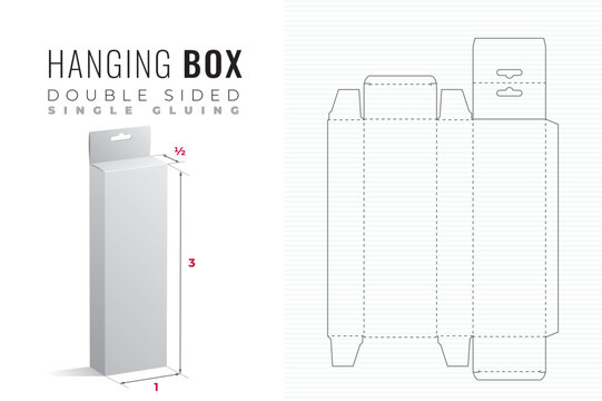 Hanging Double Sided Packaging Box Die Cut Half Length Triple Height Template with 3D Preview - Black Editable Blueprint Layout with Cutting and Scoring Lines on Striped Background - Draw Design