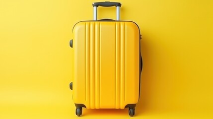 Flat lay yellow suitcase with traveler accessories on yellow background. travel concept