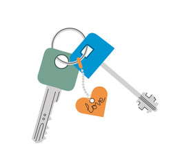 Door keys with keychain. Cartoon keys with keyring. Pendant in shape of heart. Home key from apartment on white background. Isolated vector illustration.