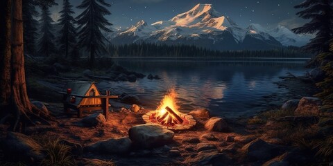Campfire With Majestic View Of Mount Rainier