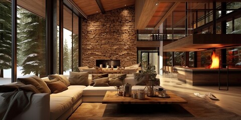 Fototapeta na wymiar Chalet Cozy Interior and Fireplace. Modern Cottage Living Room Decor with Wood Wall and Furniture.