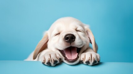 Happy dog puppy smiling on colored blue backgorund with closed eyes