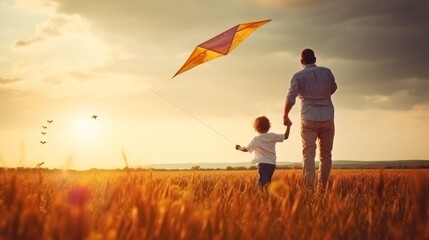 Happy family father and child on meadow with a kite in the summer on the nature - obrazy, fototapety, plakaty