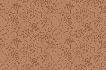 autumn seamless pattern with leaves, hazelnuts, grapes, pears, plums, and musrooms- vector illustration