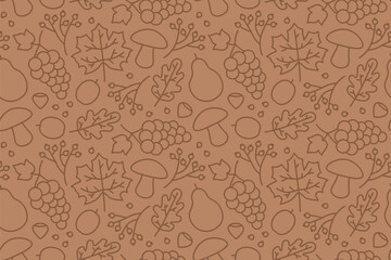 autumn seamless pattern with leaves, hazelnuts, grapes, pears, plums, and musrooms- vector illustration