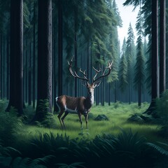 Photo of a majestic deer standing in the serene beauty of a lush forest