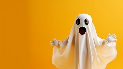 Happy Halloween! Cute little kid in ghost costume on yellow background