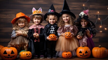 Fototapeta premium Happy Halloween! Children in carnival costumes on multicolor background.