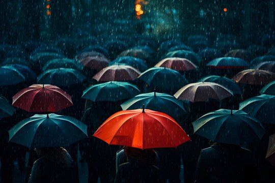 People under red and green umbrella in the rain at night