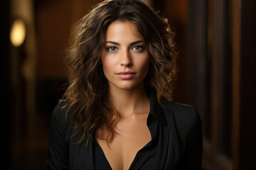 Empowered and Ambitious: A Determined Young Woman in a Black Shirt, Gazing Fearlessly at the Camera in a Progressive Office Setting