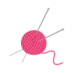 Skein of thread for knitting and knitting needles. Pink clew ball of thread isolated on white background. Flat illustration of Knitting needles and clew. Ball of yarn for handmade. Vector illustration - obrazy, fototapety, plakaty