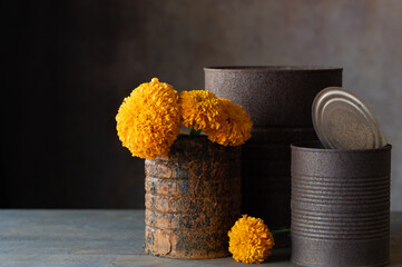three rusty cans with marigold flowers and brown background