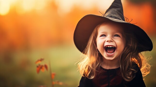 Happy laughing child girl in witch costume to halloween