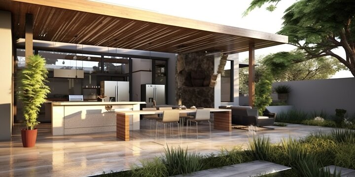 Contemporary patio with kitchen area.