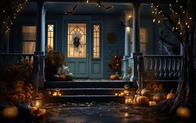 Decorated house with jack-o-lantern decorations in Halloween
