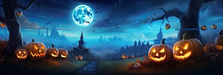 Spooky Halloween banner with pumpkin, trees and bats
