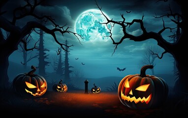 Spooky Halloween background with pumpkin, trees and bats