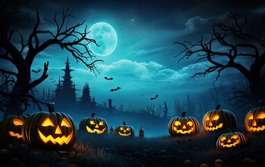 Fototapeta premium Spooky Halloween background with pumpkin, trees and bats