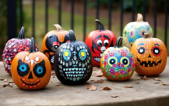 Painted and decorated colorful Halloween pumpkins with faces outside
