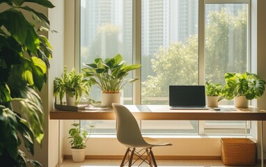 Eco-friendly design home office with natural material furniture and plants