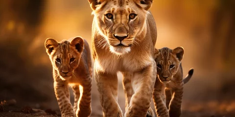 Fototapeten Lioness and cubs in wild and natural habitat. Generative AI © 22_monkeyzzz