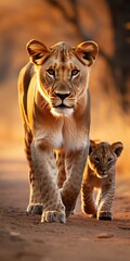 Lioness and cubs in wild and natural habitat. Generative AI - obrazy, fototapety, plakaty