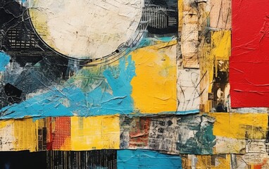 Abstract collage made with various textures such as torn paper, fabric, and other materials