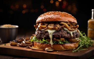 Delicious hamburger with beef and mushrooms on a wooden board