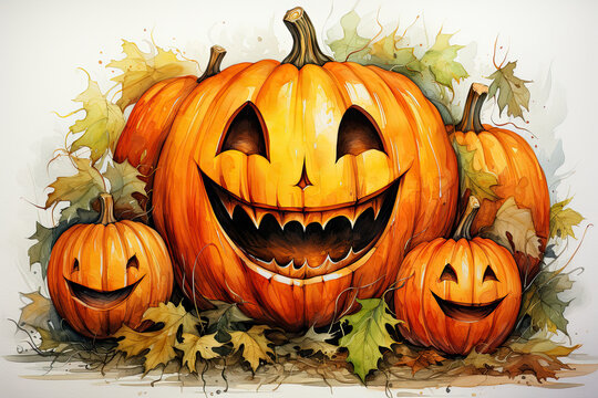 Watercolor illustration of funny scary Halloween pumpkins with carved grins among the autumn foliage