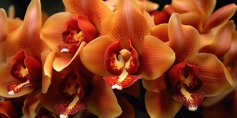 Cymbidium Burgundian Chateau orchid - orange brown orchid flowers, closeup