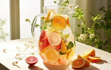 Fresh lemonade made with citrus fruits in a glass jug on a kitchen countertop