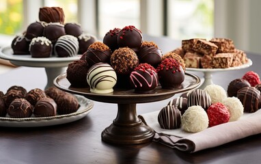 Assortment of chocolate truffles with various toppings on plates and cake stands