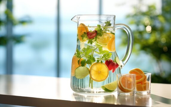 Fresh lemonade made with citrus fruits in a glass jug on a kitchen countertop