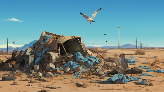 wuranWater pollution or Garage Dump Landscape.Environmental Waste Discharge of waste into the ocean.Concept Art Scenery. Book Illustration. Serious Digital Painting. CG Artwork Background. Generative 
